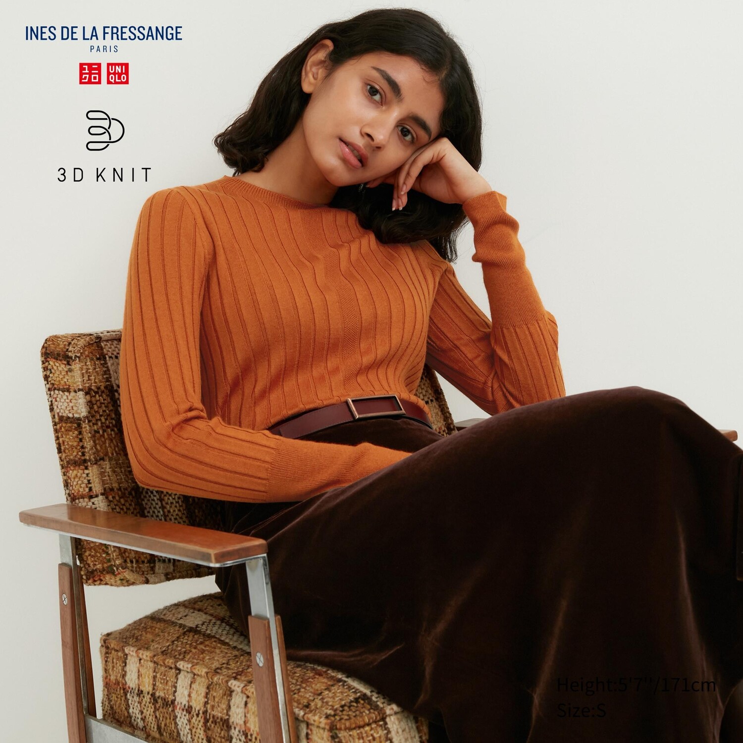 

Бесшовный джемпер в рубчик с круглым вырезом 3D вязки Uniqlo, оранжевый