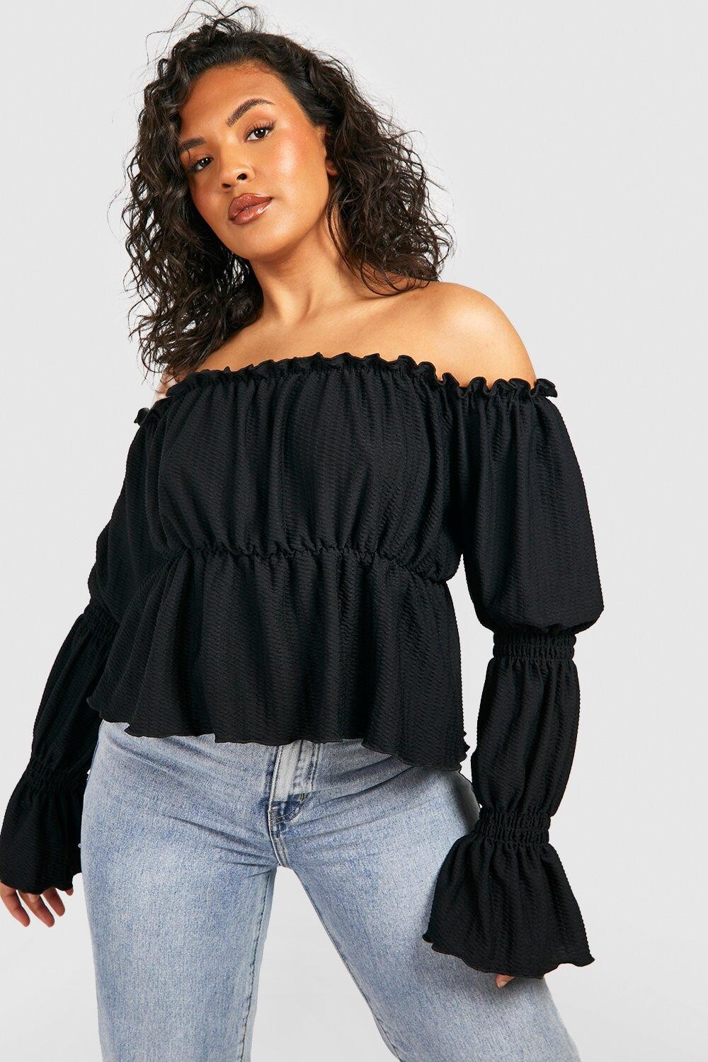 

Топ с открытыми плечами и текстурной баской Boohoo, черный