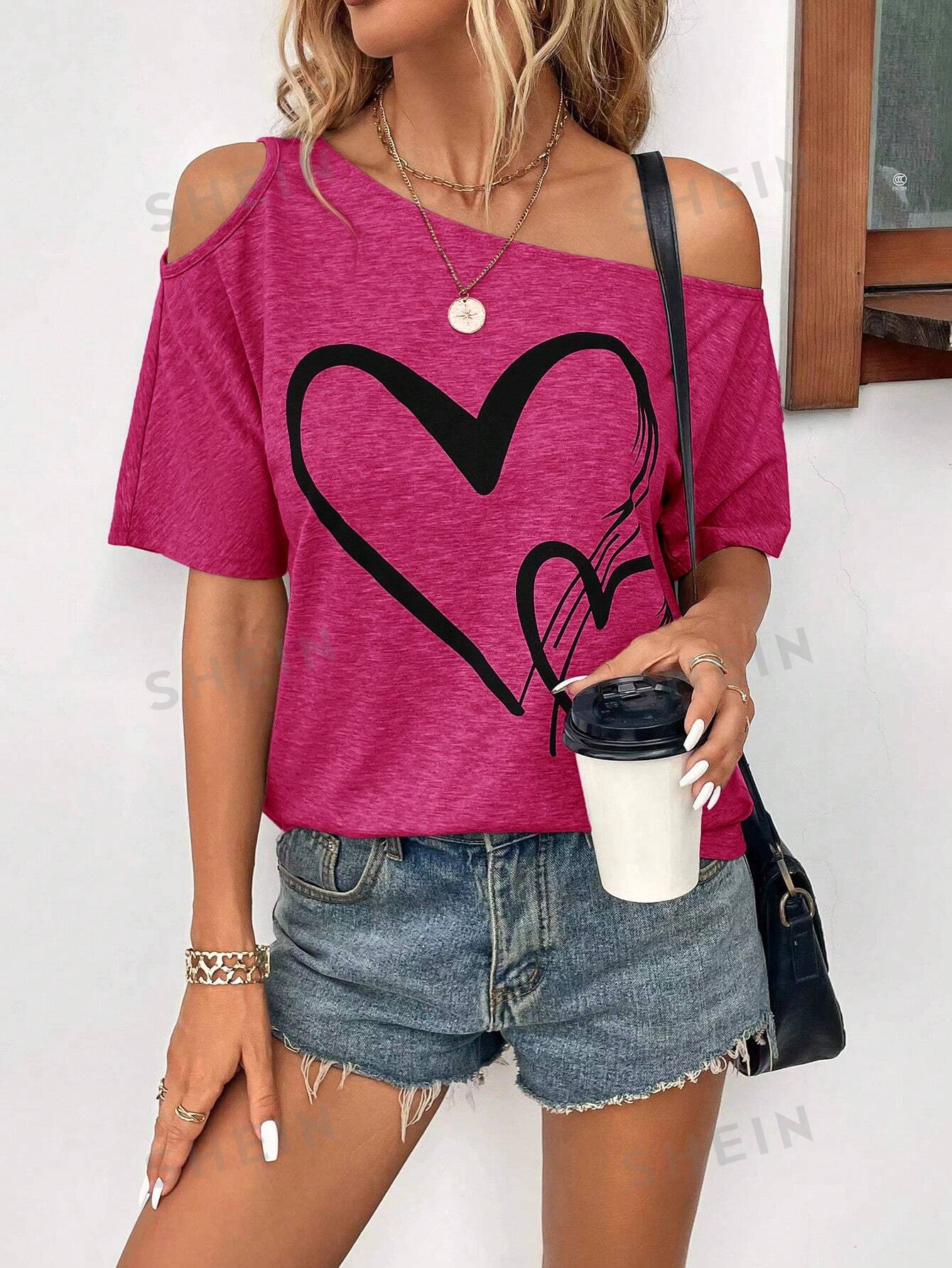 SHEIN Clasi Женская футболка с принтом Love Heart и нерегулярными плечами, красный фиолетовый