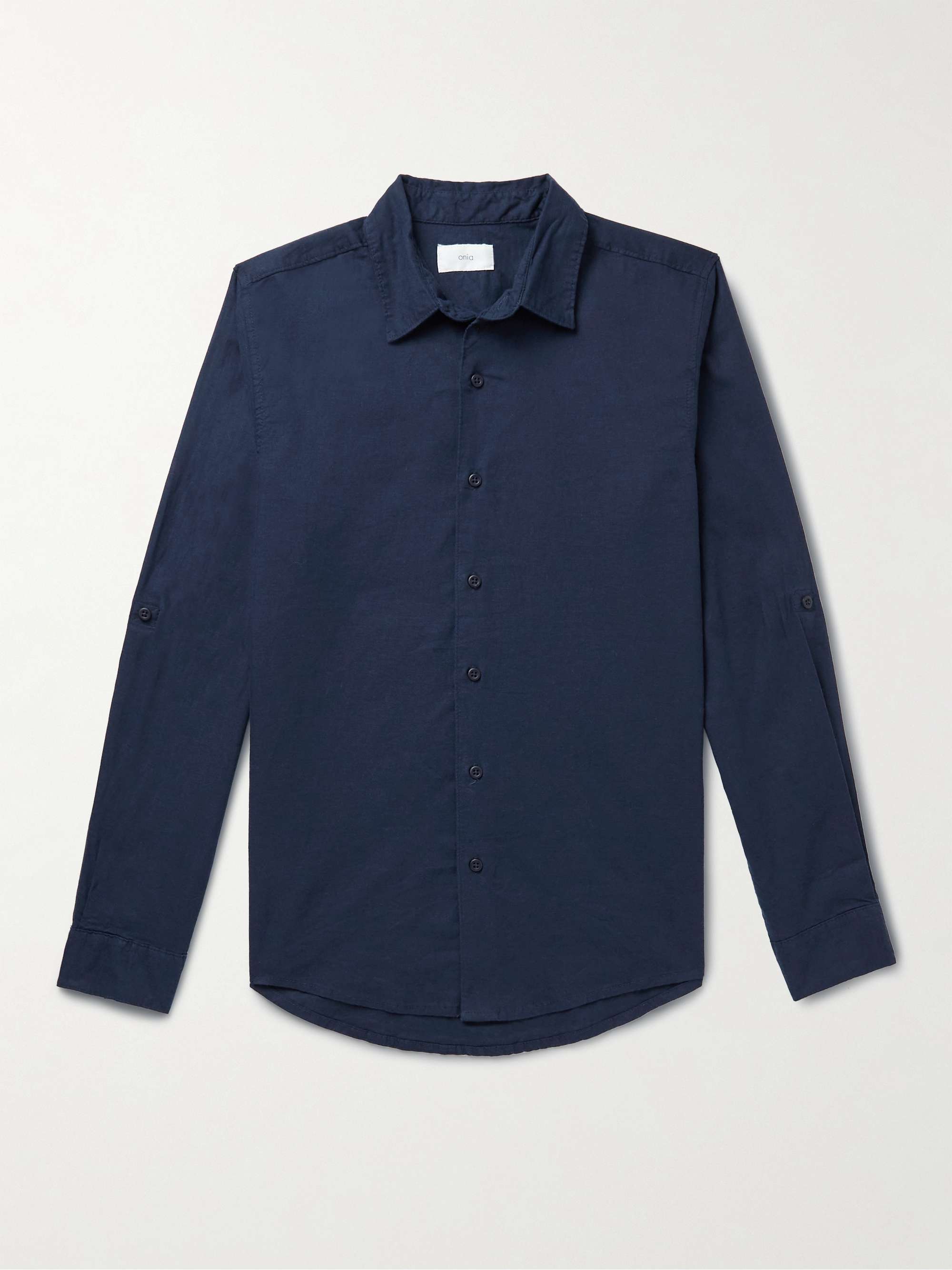 Рубашка из смесовой льняной ткани стрейч ONIA, нави полосатые шорты из хлопчатобумажной ткани onia нави