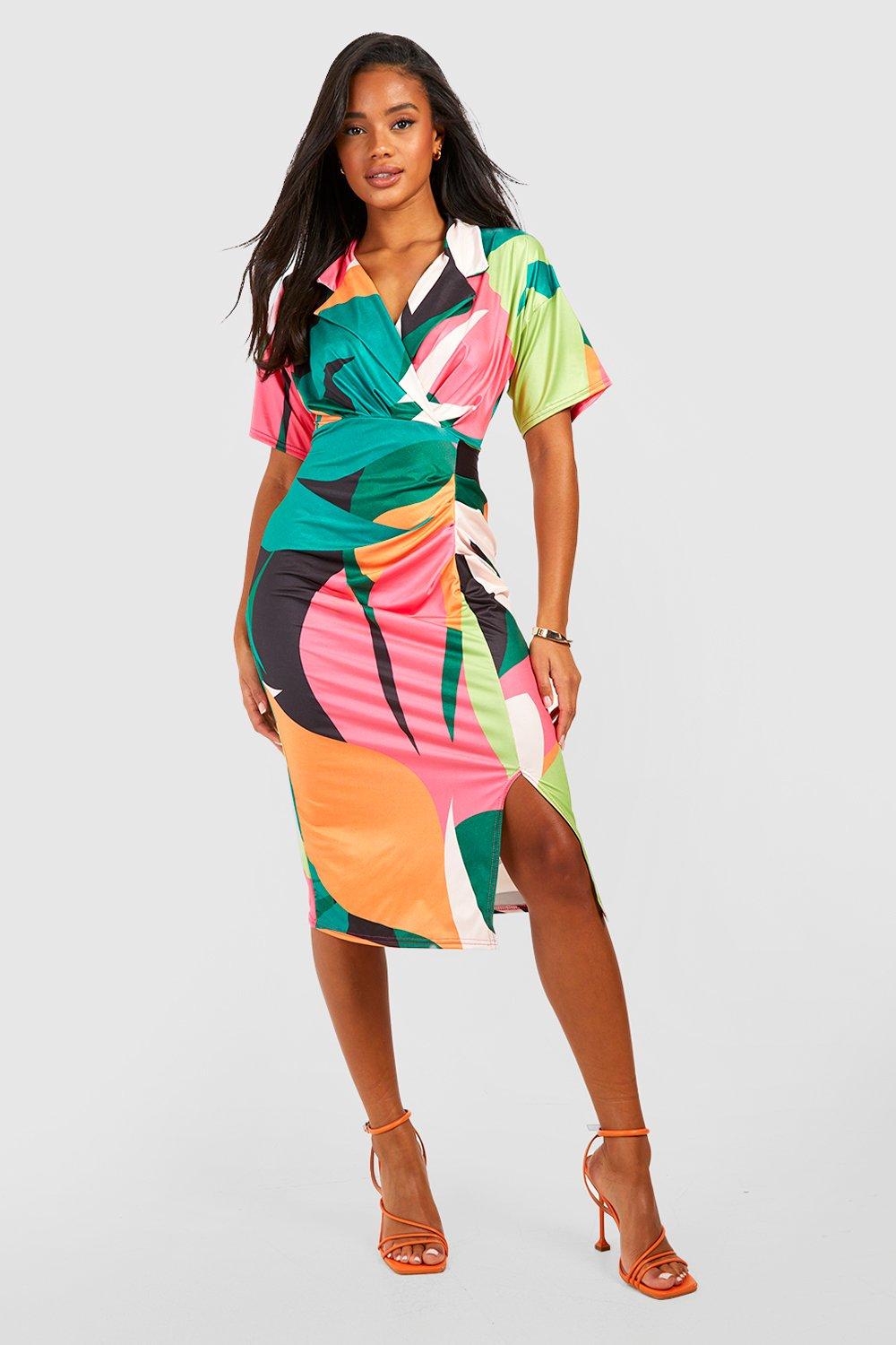 Платье-рубашка миди с запахом тропическое Boohoo, разноцветный платье миди с запахом разноцветный l