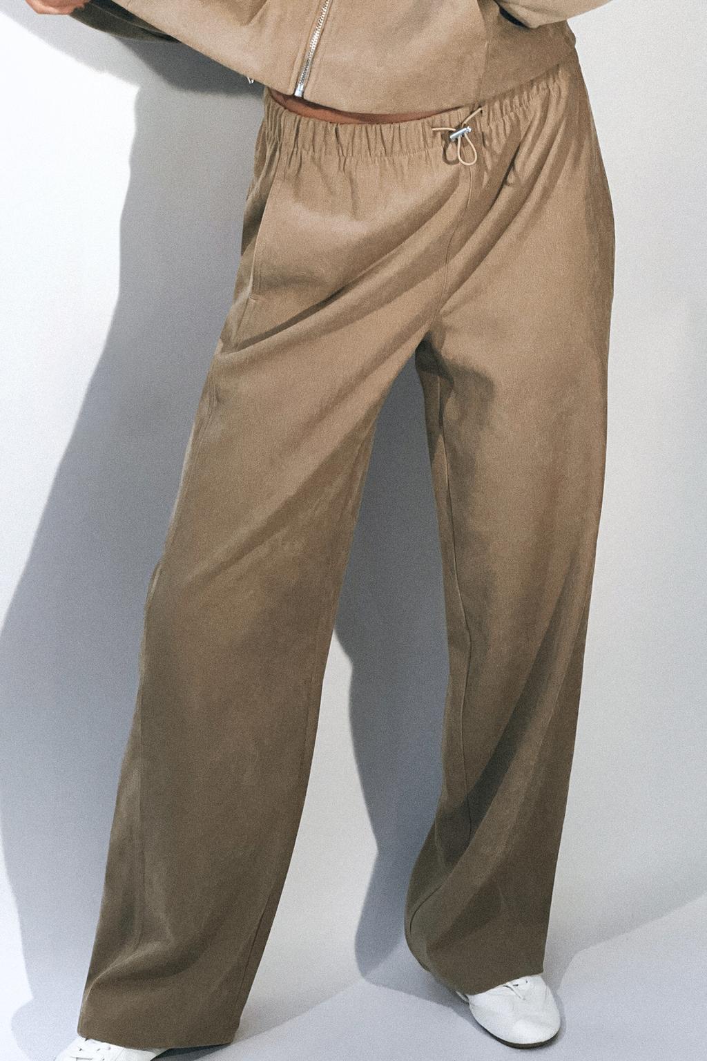 Широкие брюки с эластичным поясом ZARA, кэмел средний шорты женские летние с завышенной талией с поясом и широкими штанинами