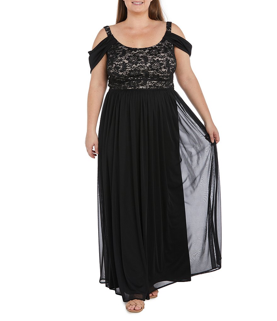 R & M Richards Платье больших размеров с драпировкой и короткими рукавами и кружевным лифом, черный