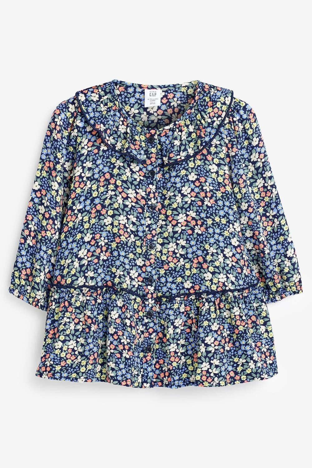 

Многослойное платье с цветочным принтом круглым вырезом длинными рукавами и рюшами Gap