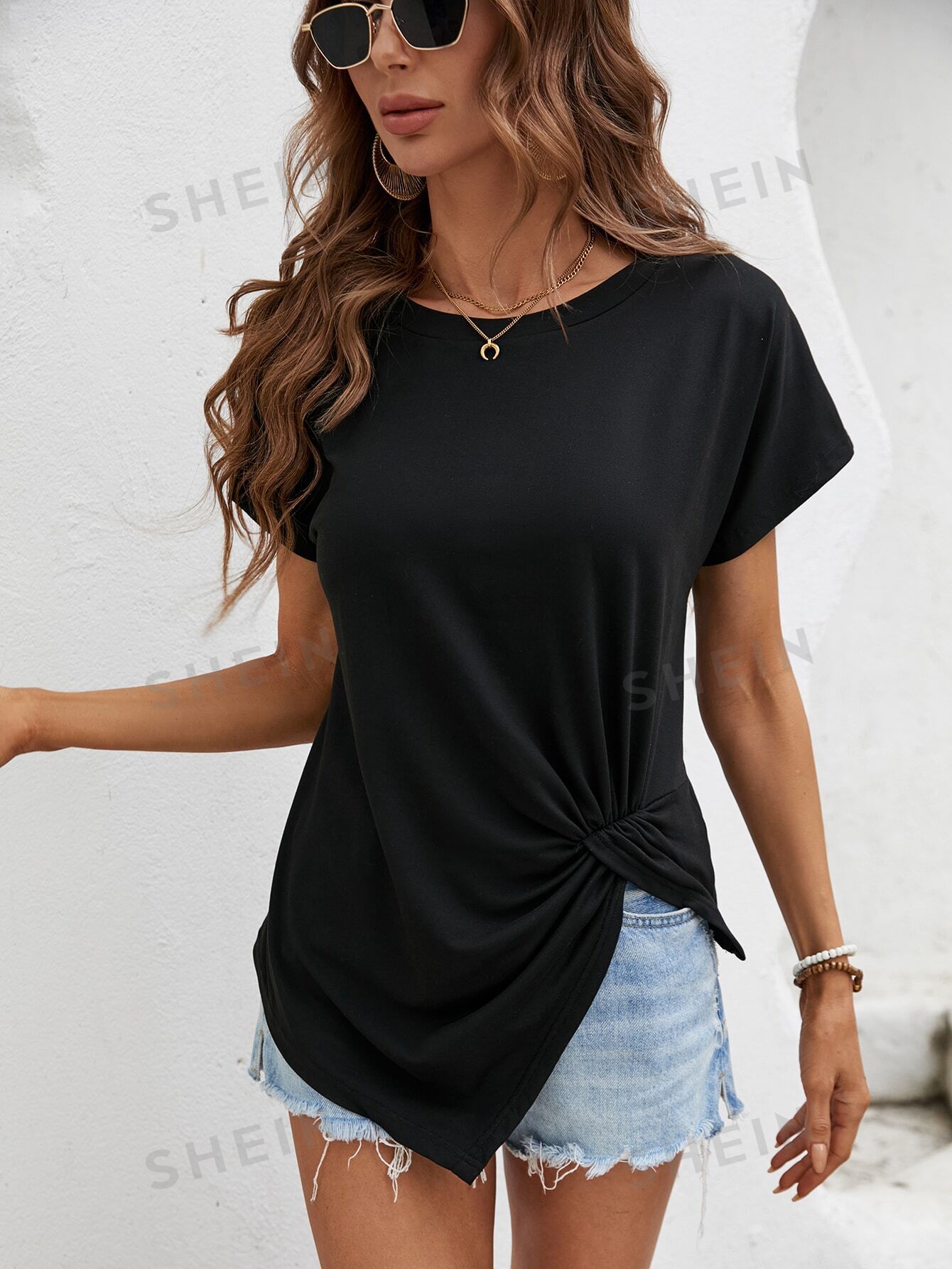 SHEIN LUNE женская летняя удобная футболка с короткими рукавами и круглым вырезом, черный женская футболка с длинным рукавом с разрезом