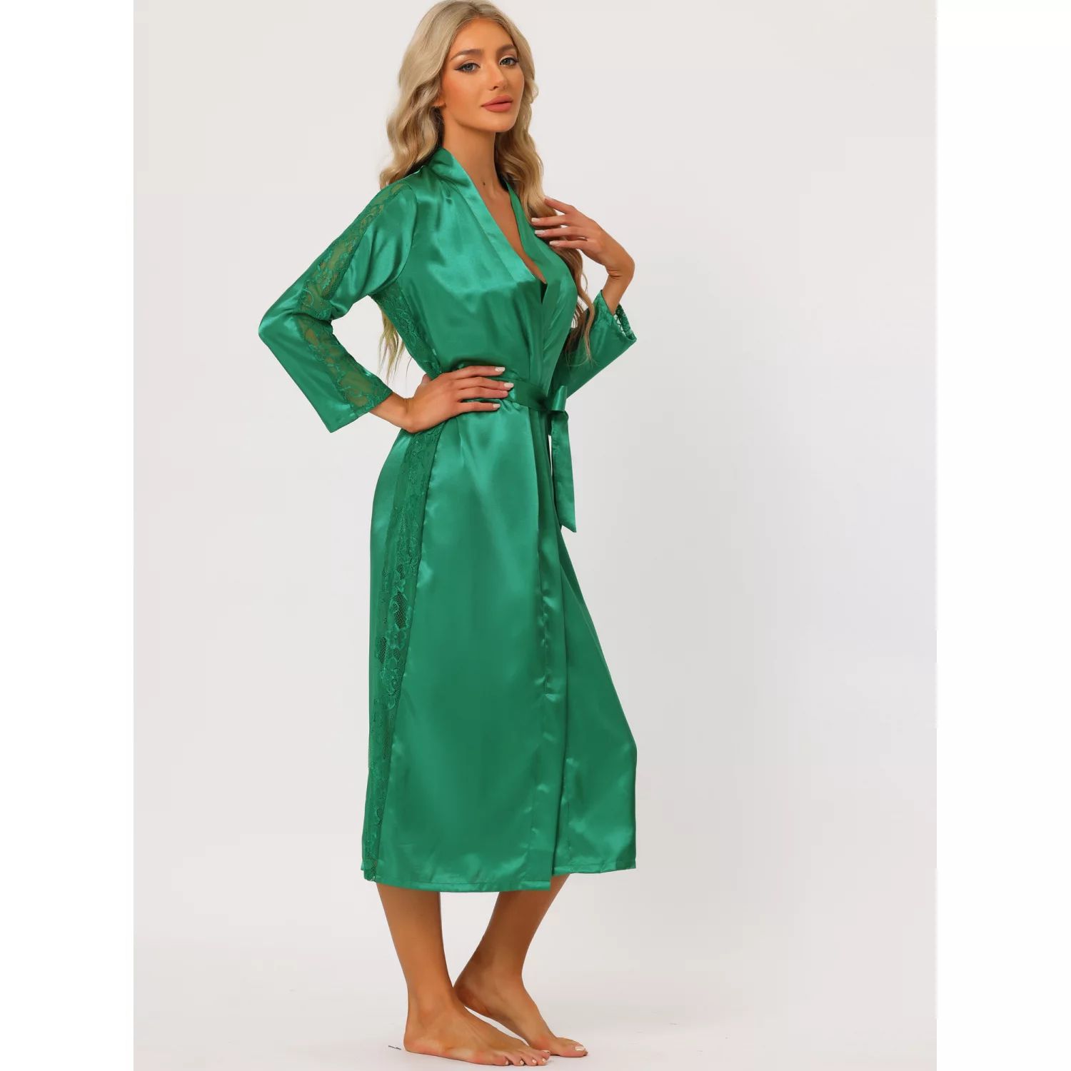 Женский атласный халат, ночная рубашка, комплекты подружки невесты, свадебный кружевной халат с длинным рукавом, пижама cheibear, зеленый