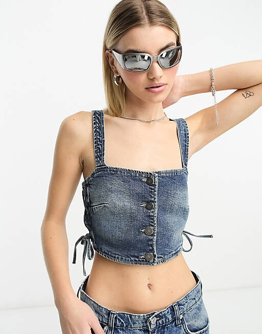

Джинсовый укороченный топ со шнуровкой Stradivarius STR синего цвета