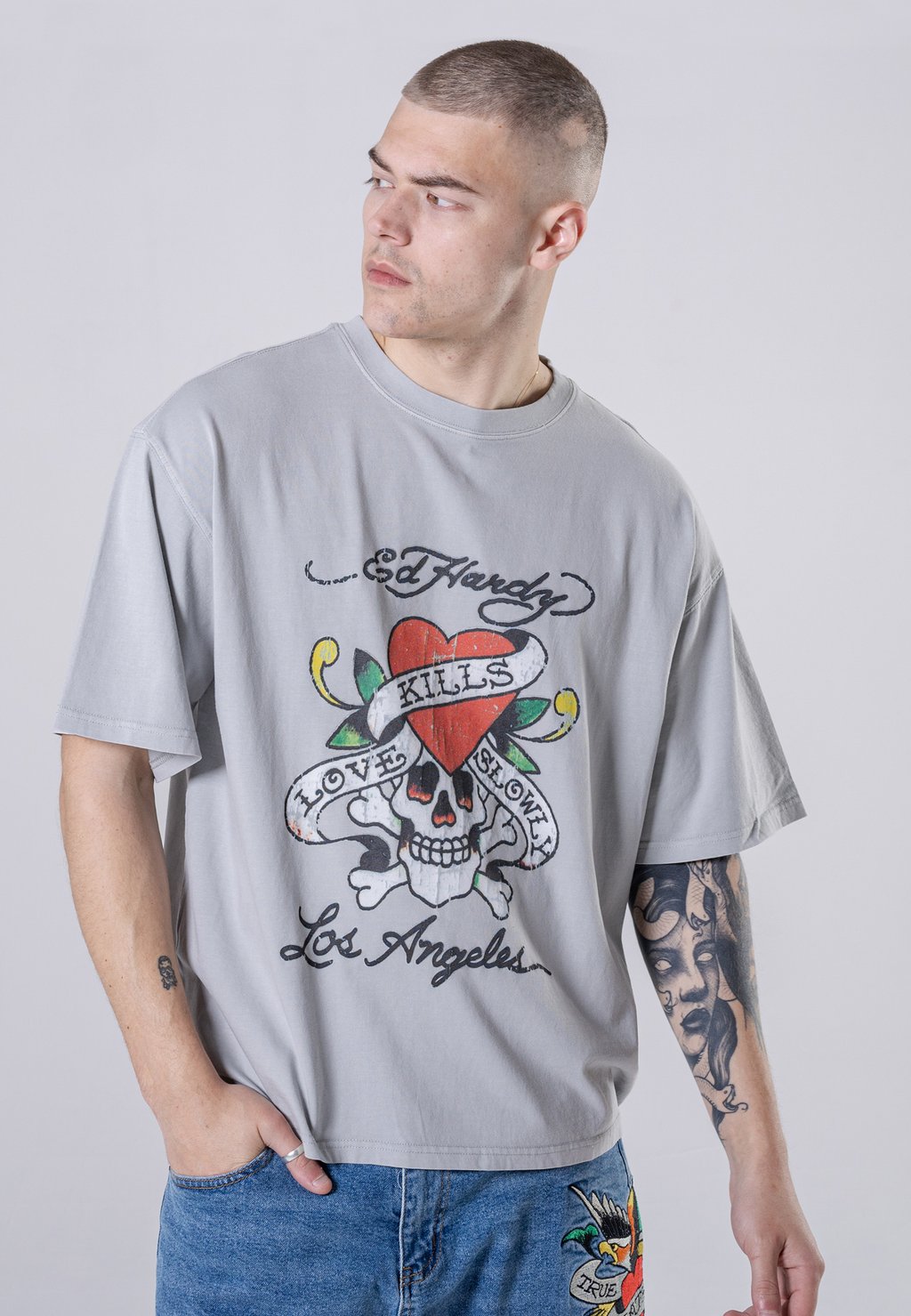 

Футболка с принтом Love-Kills Slowly Ed Hardy, цвет washed grey