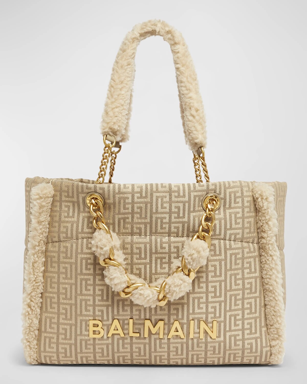 

Мягкая большая сумка-тоут 1945 Cabas из жаккарда с короткой дубленкой Balmain, цвет Beige/Naturel