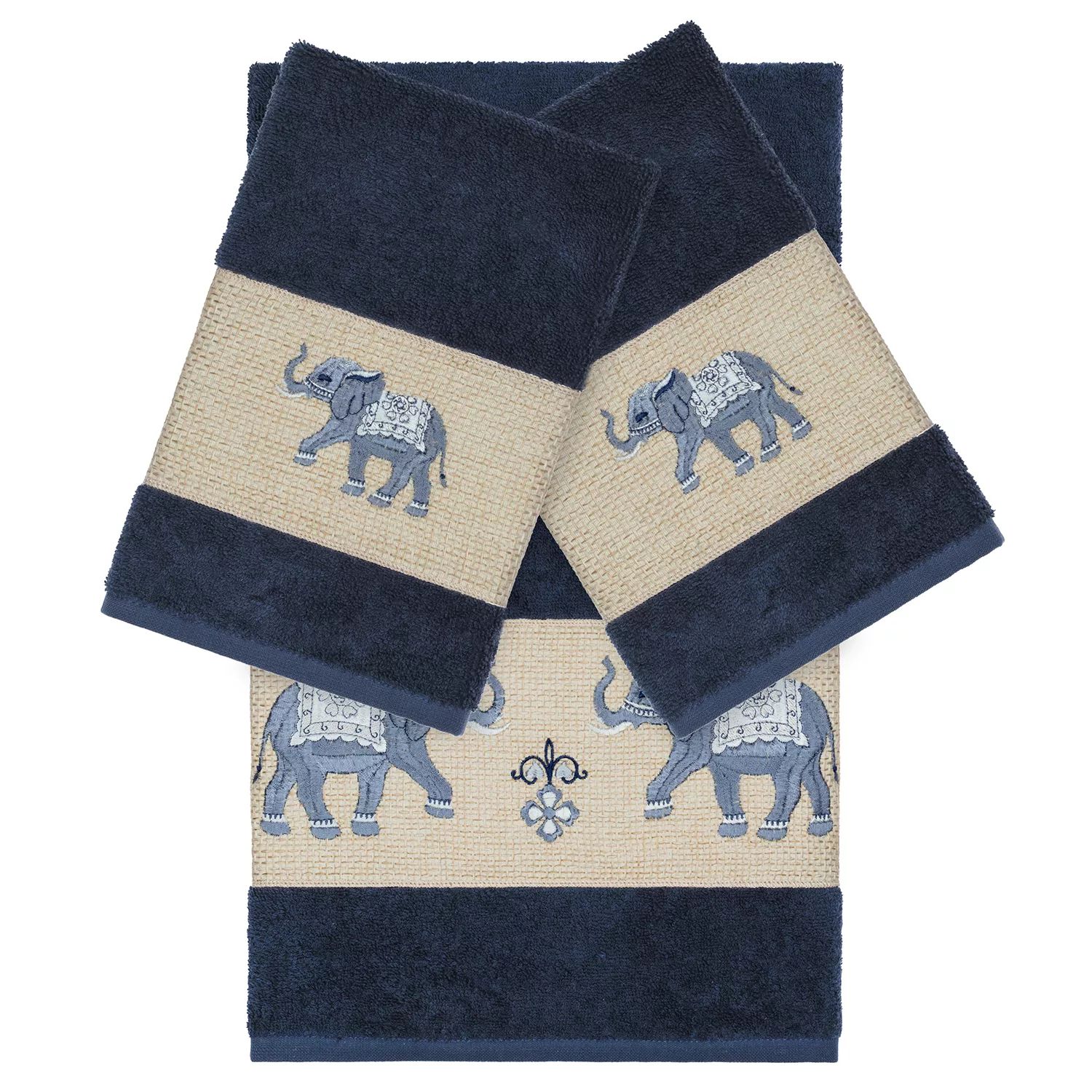 Linum Home Textiles Набор банных полотенец Quinn из 3 предметов из турецкого хлопка с украшением, темно-синий