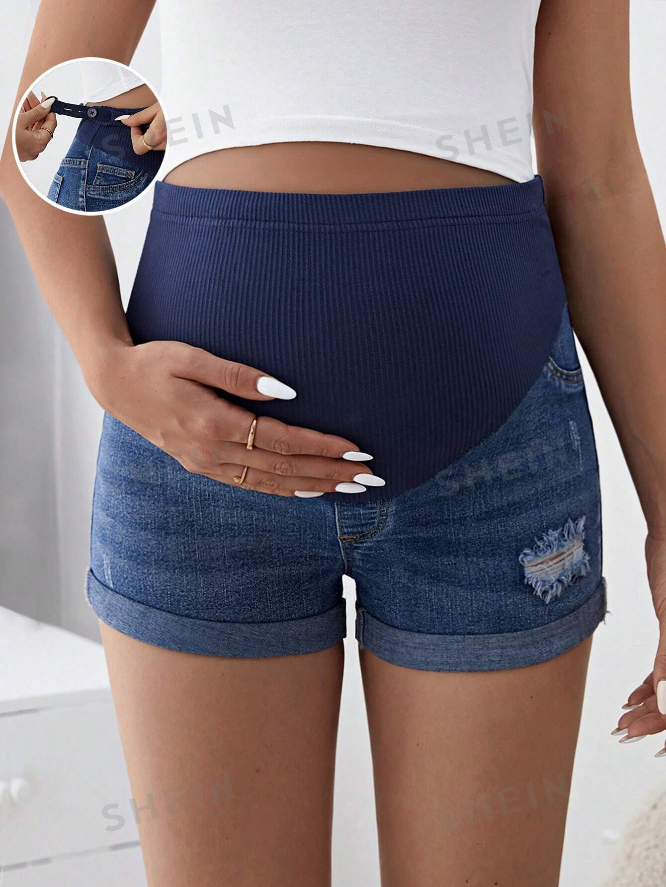 SHEIN Джинсовые шорты с регулируемой высокой талией и эластичным поясом для беременных, синий женские узкие рваные джинсовые шорты с бахромой и дырками модные повседневные летние крутые черные джинсовые шорты с завышенной талией пи