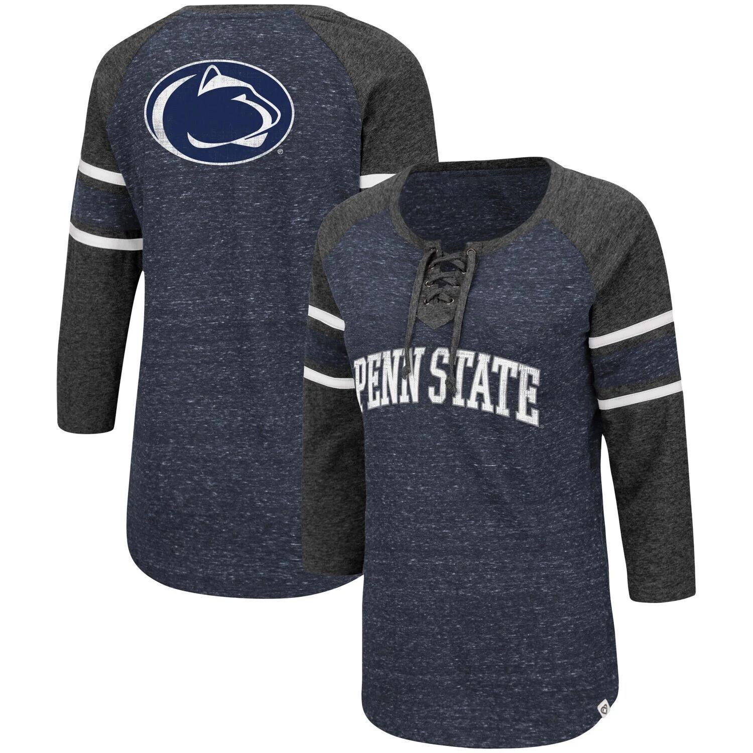

Женская футболка Colosseum Navy/Heared Charcoal Penn State Nittany Lions Scienta Pasadena реглан с рукавами 3/4 на шнуровке Colosseum