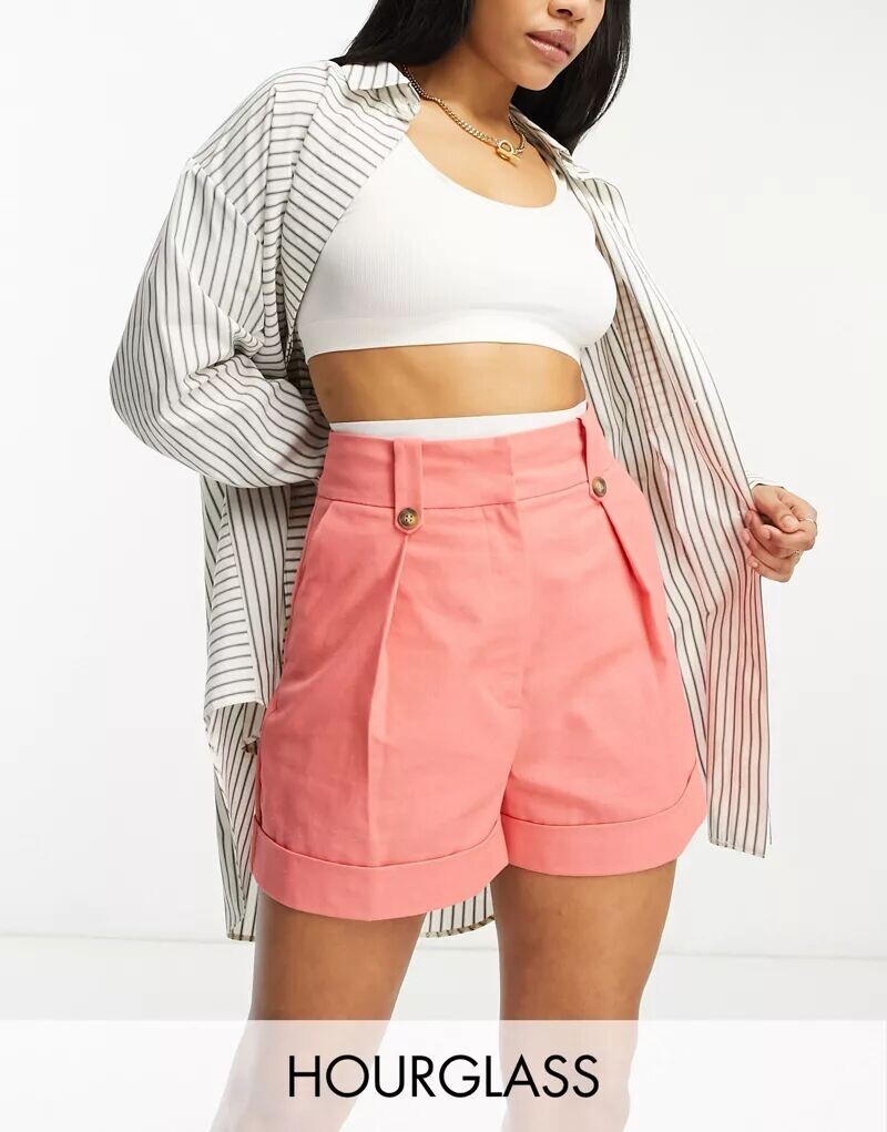 

Коралловые шорты для мамы из смесового льна с хлястиками на талии ASOS Hourglass