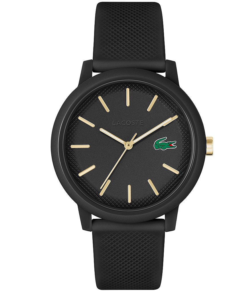 цена Lacoste Мужские кварцевые аналоговые черные текстурированные силиконовые часы 12.12, черный