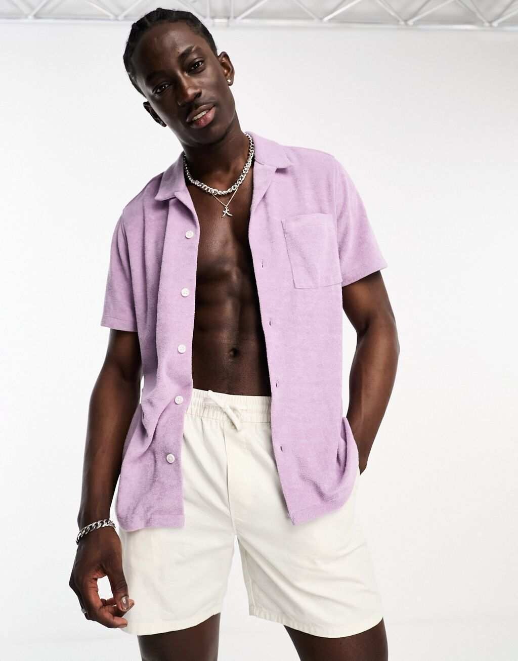 

Сиреневая махровая рубашка с воротником-стойкой ASOS DESIGN