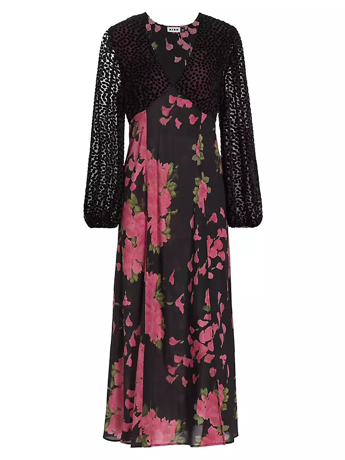 Шелковое платье миди Melanie с цветочным принтом и бархатом Rixo, цвет blossom pink 101 pink blossom