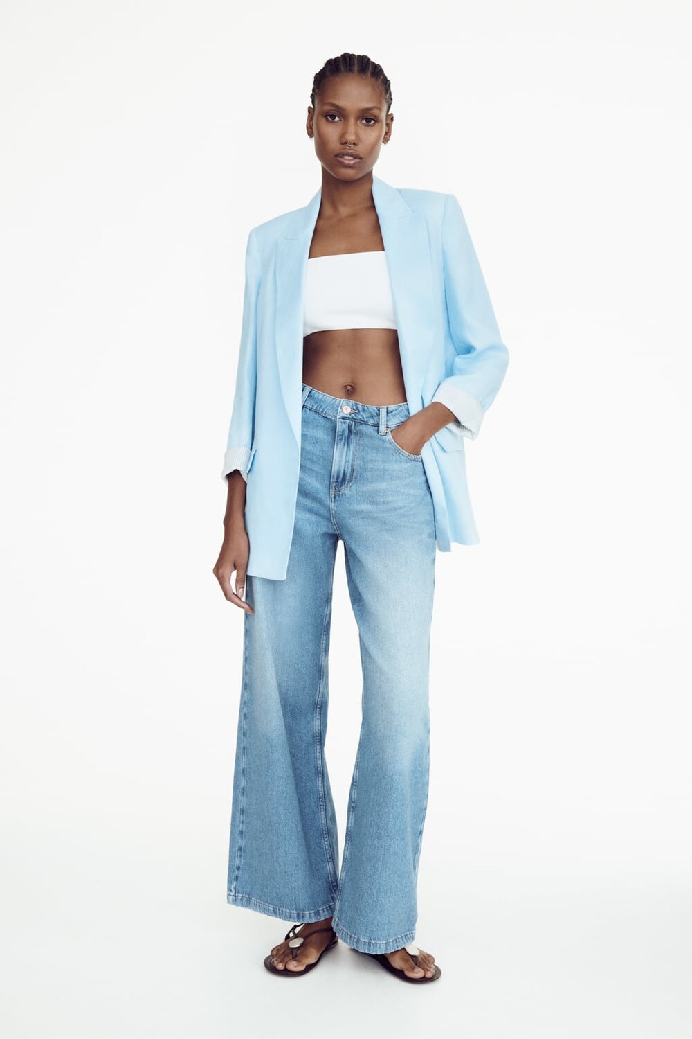 

Льняной пиджак с принтом на манжетах ZARA, синий