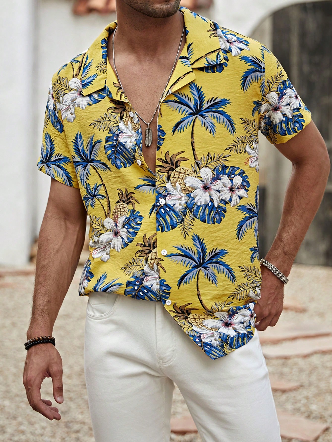 Мужская рубашка с коротким рукавом и принтом пальмы, желтый
