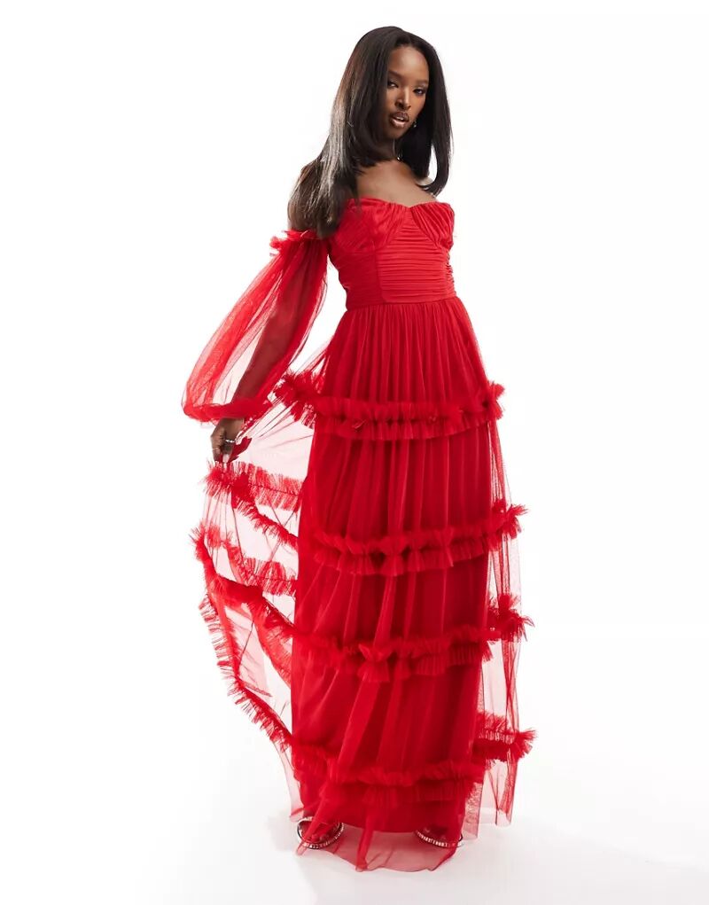 Красное платье макси из тюля с прозрачными рукавами и рюшами из кружева и бисера Lace & Beads