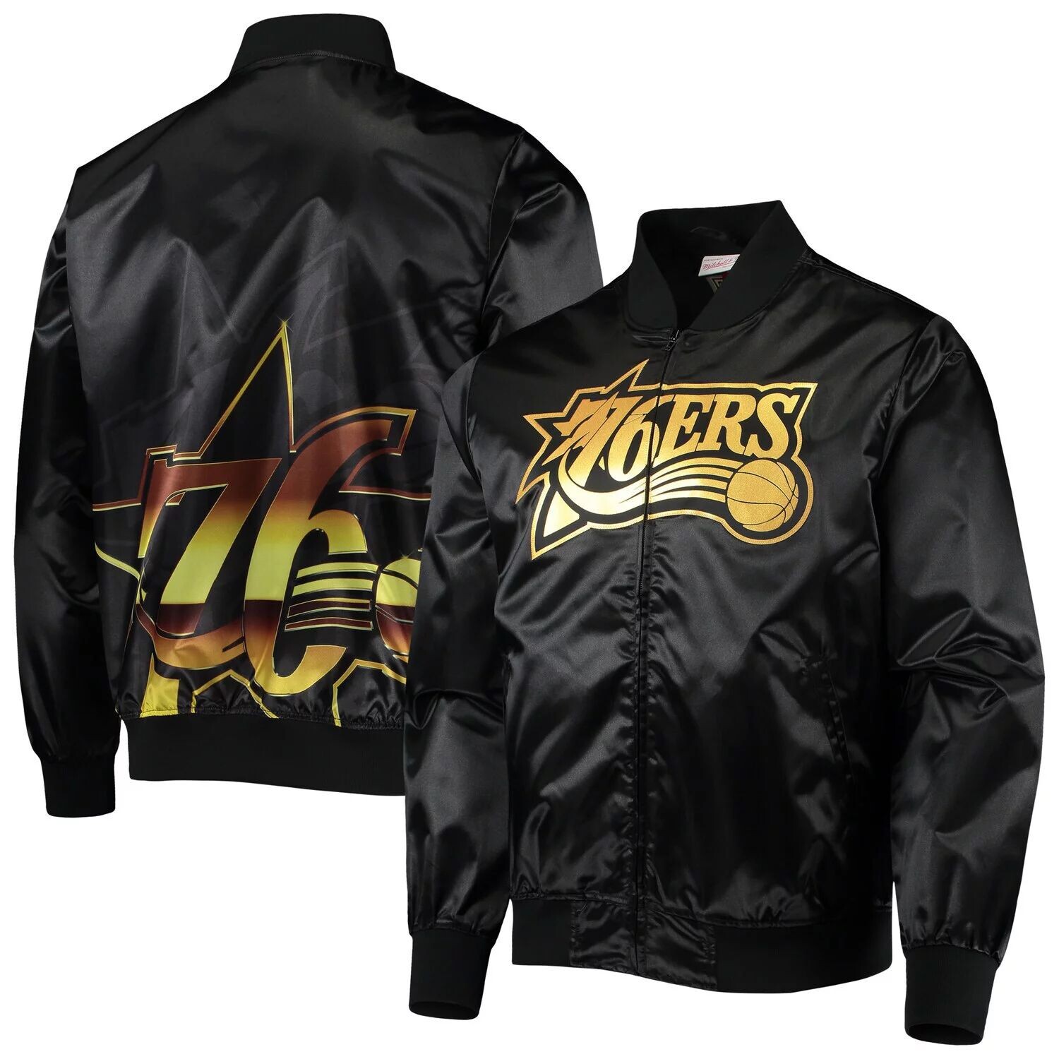 

Мужская черная атласная куртка с молнией во всю длину Mitchell & Ness Philadelphia 76ers Big Face 4.0, Черный