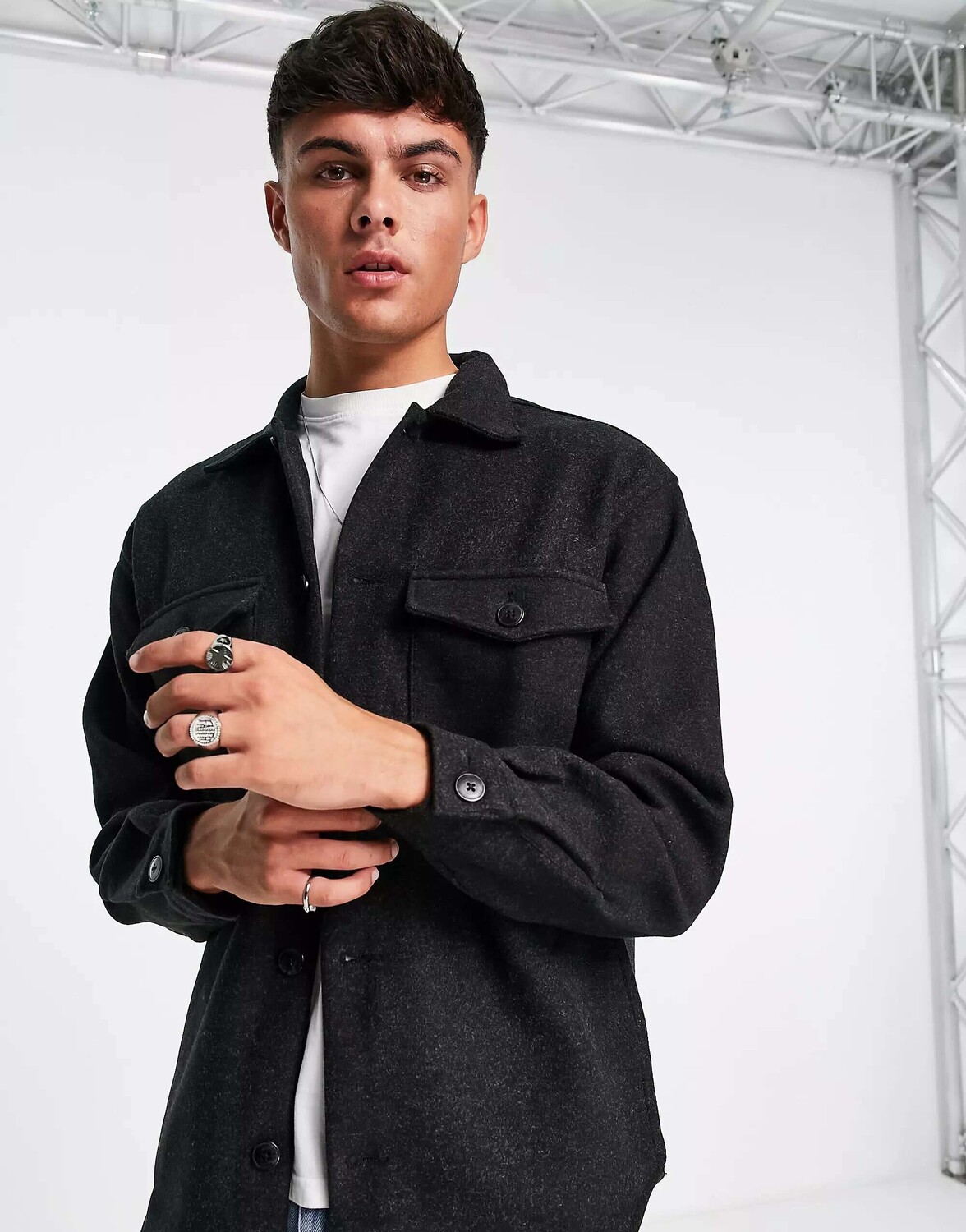 

Черная рубашка из искусственной шерсти с карманами Jack & Jones Originals