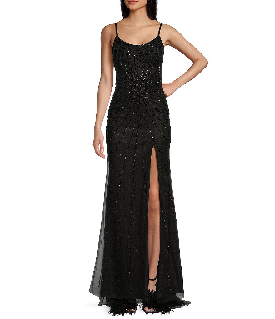 Длинное платье GB без рукавов с круглым вырезом и разрезом сзади по краю и блестками из бисера, черный 42992