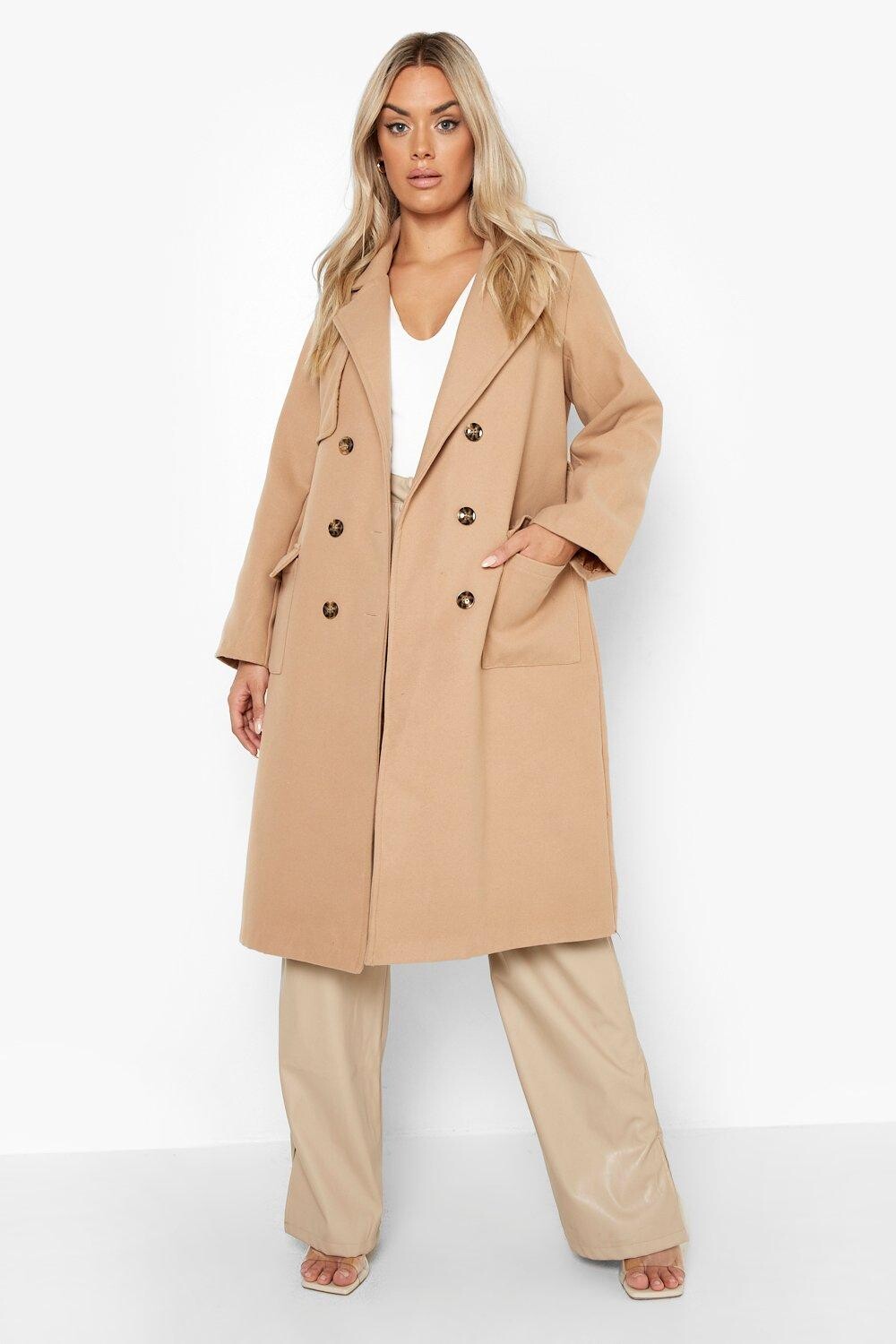 

Длинное пальто с поясом плюс Boohoo, кэмел