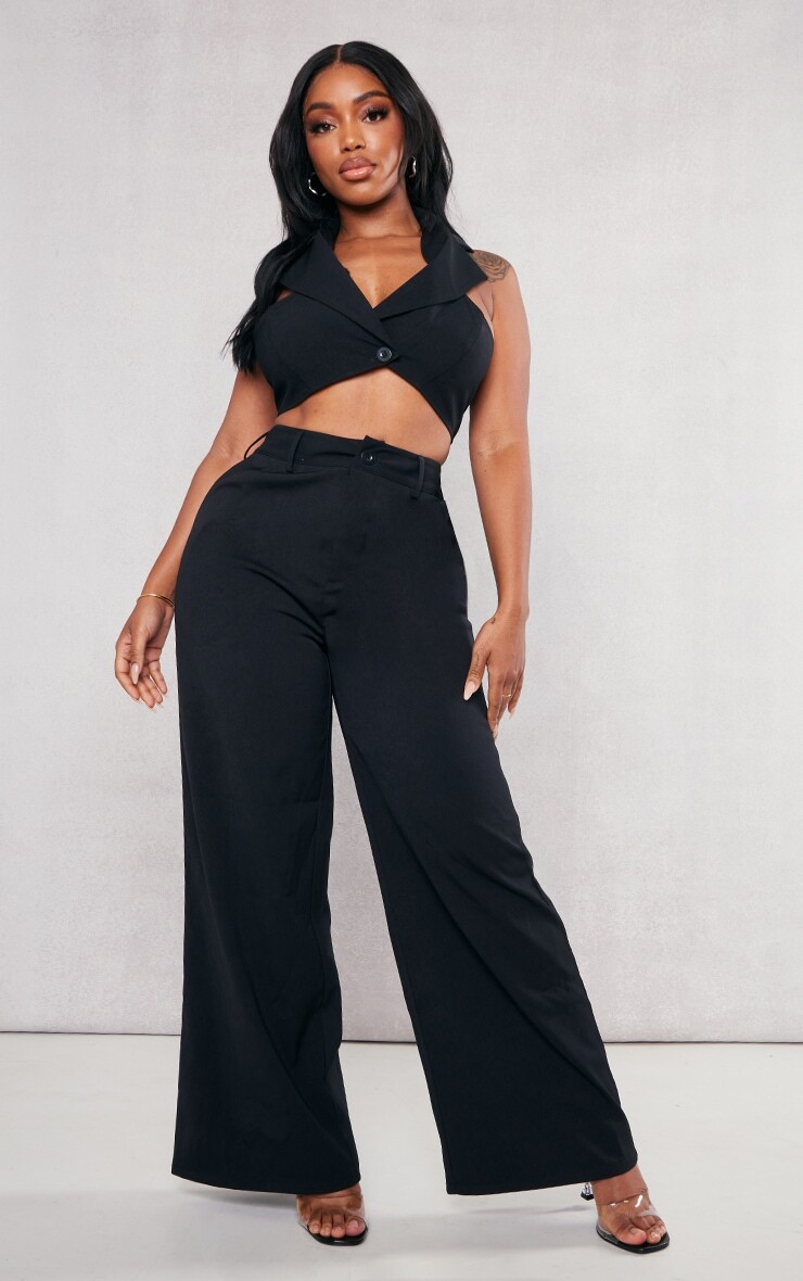 

PrettyLittleThing Черные тканые широкие брюки с высокой талией Shape