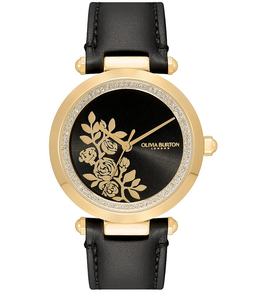 цена Женские кварцевые часы Olivia Burton с Т-образной планкой и цветочным принтом, черный кожаный ремешок, черный