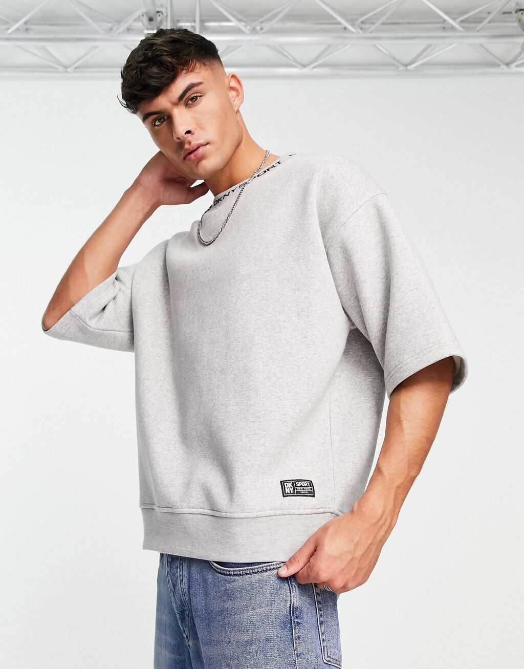 

DKNY Серый меланжевый свитшот свободного кроя с короткими рукавами