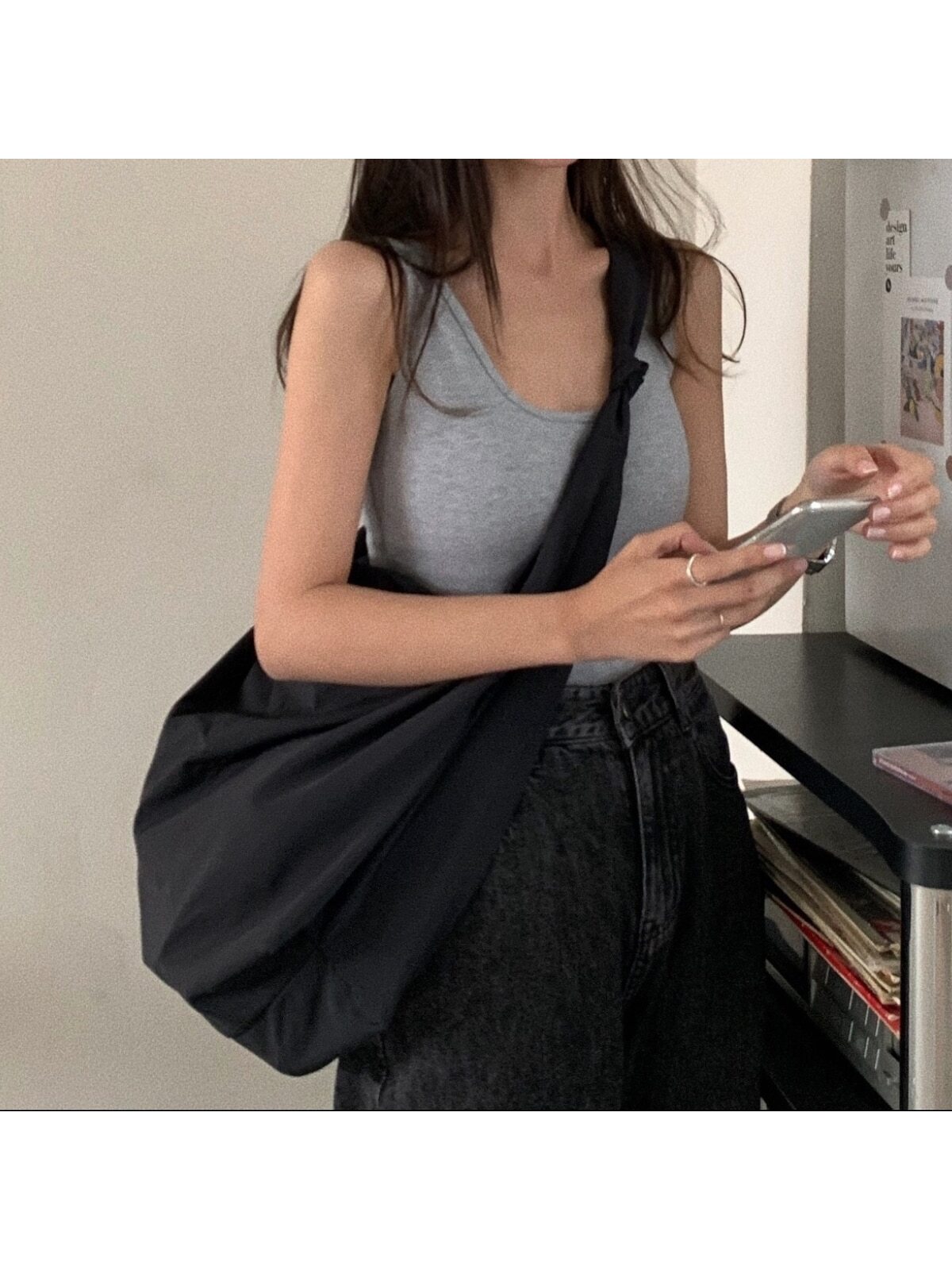 Минималистская сумка-хобо, черный fiwiuu холщовая сумка тоут наплечная сумка с буквенным принтом сумка тоут сумка кошелек с молнией повседневная сумка через плечо