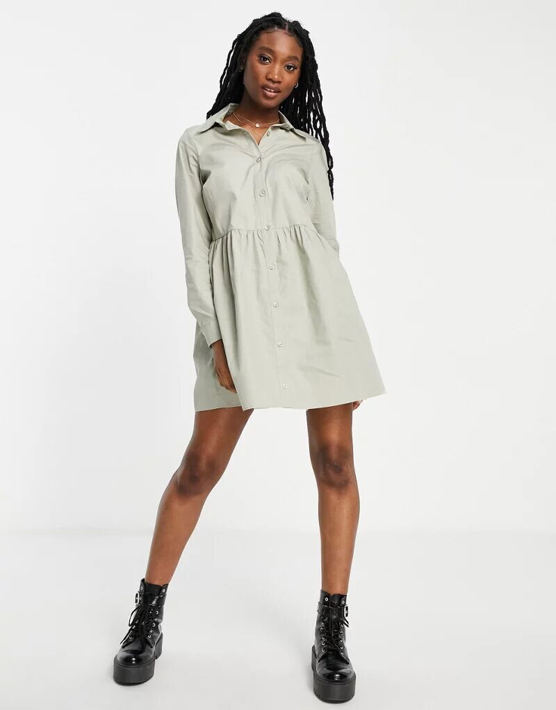 

Укороченное платье-рубашка цвета хаки из хлопка ASOS