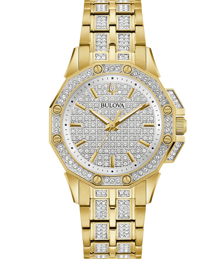 цена Bulova Женские кварцевые аналоговые золотые часы с браслетом из нержавеющей стали Octava Crystal, золотой