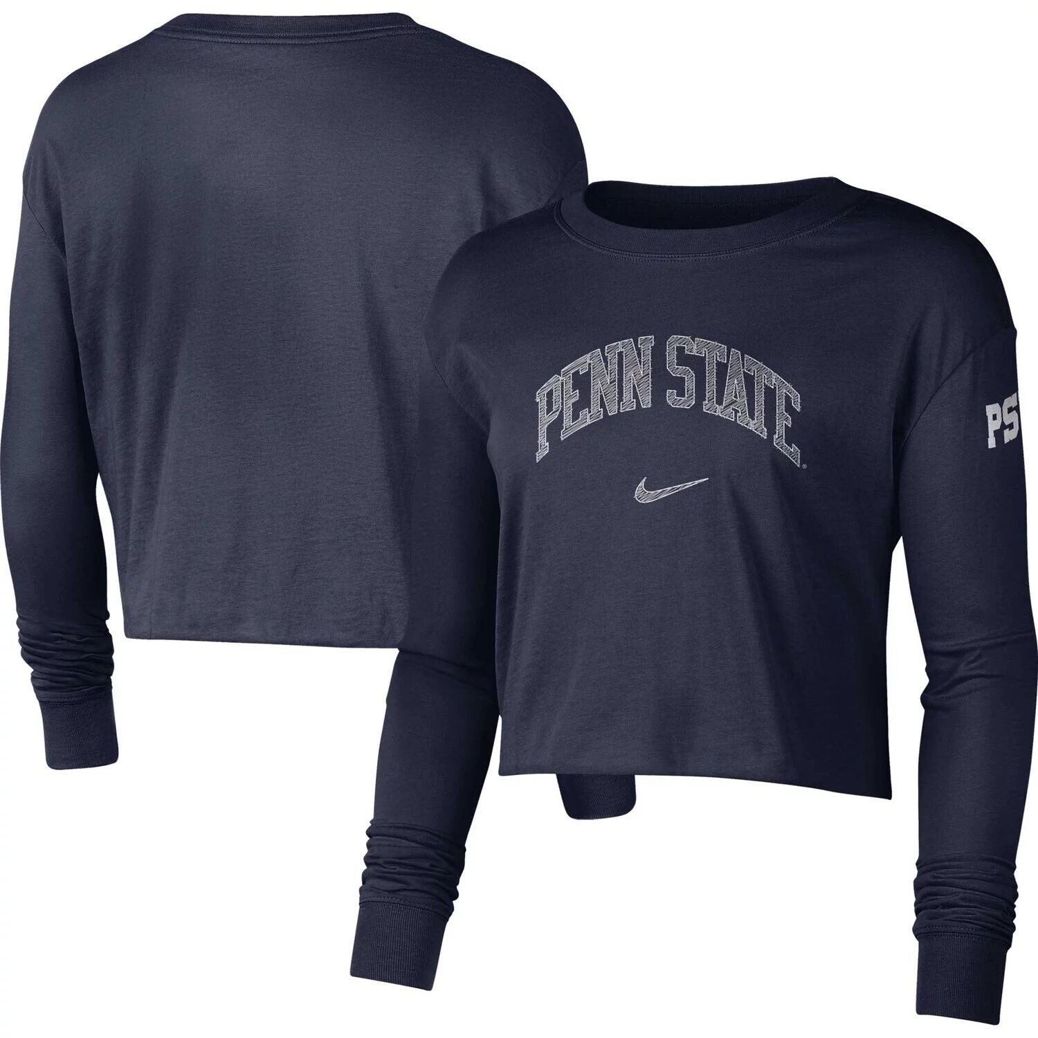 

Женская укороченная футболка с длинным рукавом и логотипом Nike Penn State Nittany Lions 2-Hit темно-синего цвета Nike