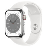 Умные часы Apple Watch Series 8 (GPS + Cellular), 45 мм, Silver Stainless Steel Case/White Sport Band - R - фото