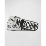 Мужской кожаный ремень с логотипом по всей длине Moschino, цвет White Multi - фото