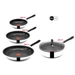 Набор сковород Tefal Jamie Oliver 20+24+28см, вок 28см, запеканка 25см с индукционной крышкой, нержавеющая сталь, антипригарное покрытие, сковороды с высоким краем - фото