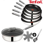 Набор сковородок Tefal Jamie Oliver E30 Набор сковород 20+24+28 см + сотейник 25 см + вок 28 см, нержавеющая сталь 18/10 (включает 1 лопатку, фетровый защитный чехол и набор сковородок) - фото