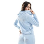 Велюровая спортивная куртка Juicy Couture темно-синего цвета с молнией, капюшоном и отделкой стразами, однотонная - фото