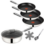 Tefal E30 Набор сковород Джейми Оливера для индукции, 7 предметов -SET18- сотейник со стеклянной крышкой высотой 25 см, кастрюли 28 см + 24 см + край высотой 20 см, БЕЗОПАСЕН В ДУХОВКЕ - фото