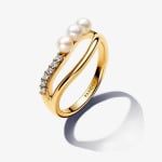 Кольцо Pandora Essence Treated Freshwater Cultured Pearl & Organically Shaped Double Band, золото - фото