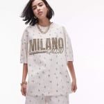 Футболка Topshop Oversize Floral Pattern Milano Lettering, светло-бежевый - фото