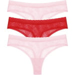 Стринги Natori Blisss Allure Lace Thong 3-Pack, цвет Pink Suede/Poinsettia/Pink Suede - фото