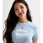 Синяя хлопковая футболка с надписью Venice Beach Bubble для девочек New Look, бледно-голубой - фото