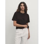 Укороченная хлопковая футболка с короткими рукавами Massimo Dutti, коричневый - фото 2