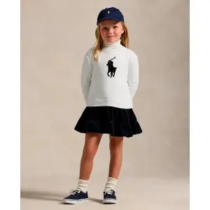 Платье для девочки с вельветовой юбкой и пони спереди Polo Ralph Lauren, белый