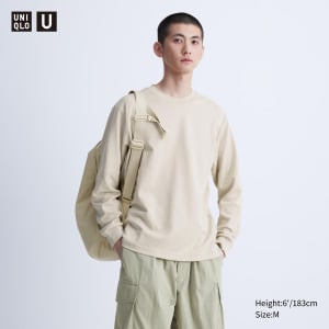 Хлопковая футболка оверсайз AIRism с круглым вырезом и длинными рукавами UNIQLO, светло-бежевый