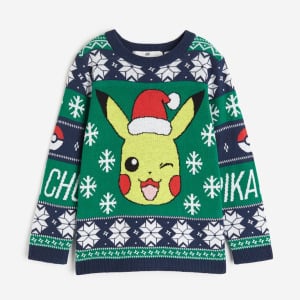 Свитер H&M x Pokémon Jacquard-knit Cotton, зеленый/темно-синий