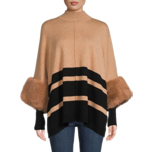 Полосатый свитер с отделкой из искусственного меха Saks Fifth Avenue Camel