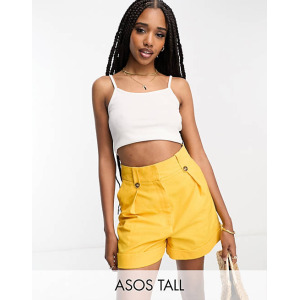 Льняные шорты цитрусового цвета с хлястиками на талии ASOS DESIGN Tall Mom